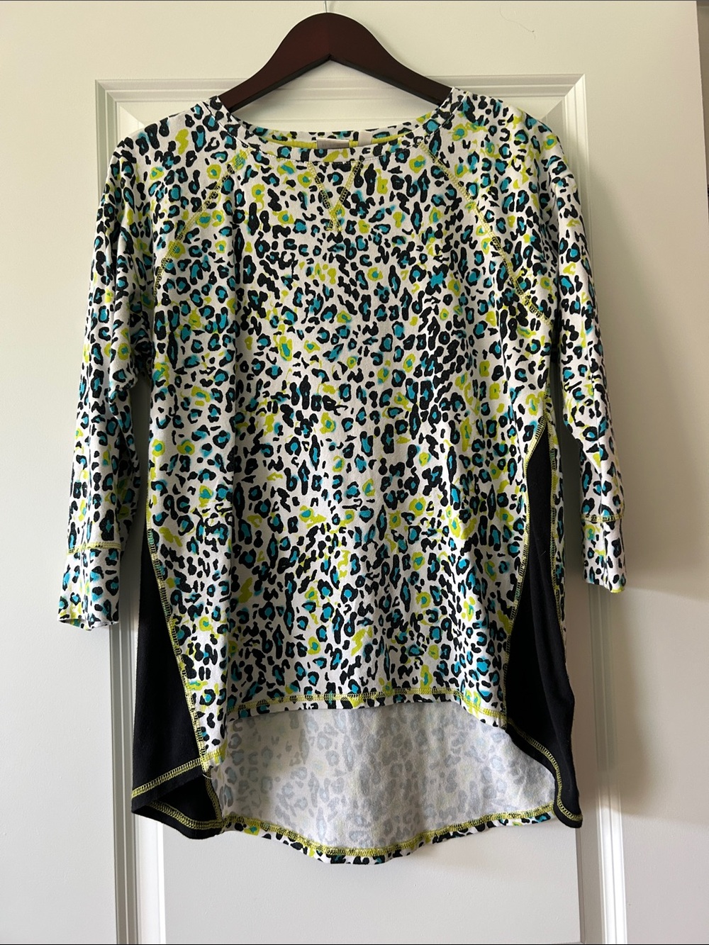 Rafaella White Leopard Print Long Sleeve Top with Teal & Yellow Accents